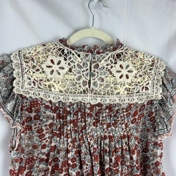 Othilia Anthropology Malia Shirt Women Large Red White Floral Lace Crochet Boho - Picture 8 of 10
